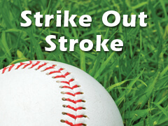  baseball in grass with text "strike out stroke"